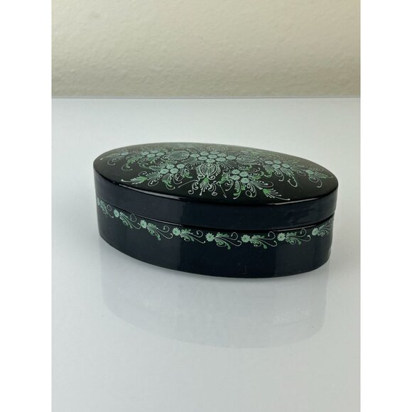 Vintage Green Teal Black Lacquer Oval Trinket Box Floral Pretty Home Decor Vanit - Picture 8 of 14